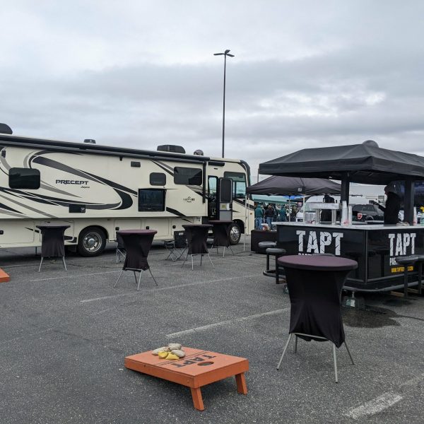 The Ultimate tailgate set up with a TAPT bar trailer and motorhome in Philly for an Eagles game